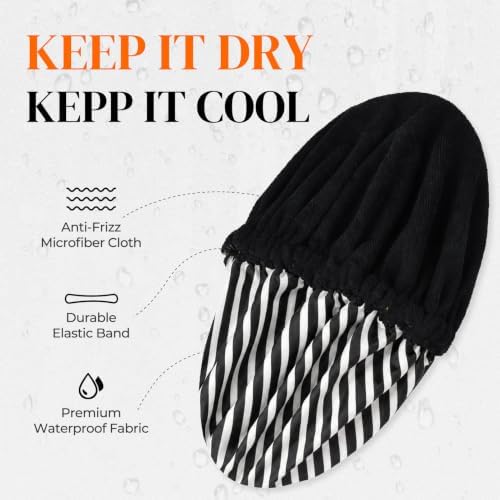 Shower Cap for Men Black Bath Cap, Reversible Terry Lined Large Waterproof Adjustable Shower Caps Elastic Band Stretch Hem Hair Hat for braids - Image 2