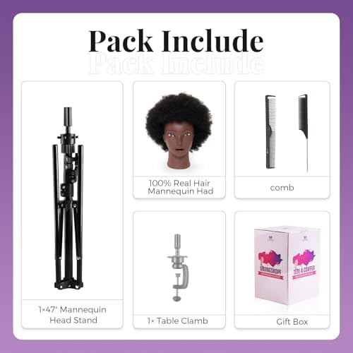 100% African Mannequin Head Human Hair,4C Afro Curly Cosmetology Manican Manikin Doll Head with 47“ Mannequin Head Stand,Table Calmp,Braiding Set for Display Practice Braiding Styling Training - Image 6