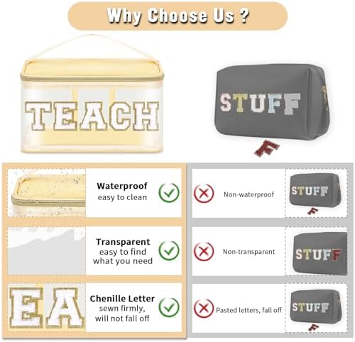 Teacher Appreciation Gifts Chenille Letter Clear Makeup Bag TEACH Pouch, Preppy Patch Makeup Bag Zipper with Handle Nylon Travel Cosmetic Bag Graduation Retirement Teacher Gifts for Women(TEACH-Beige) - Image 6
