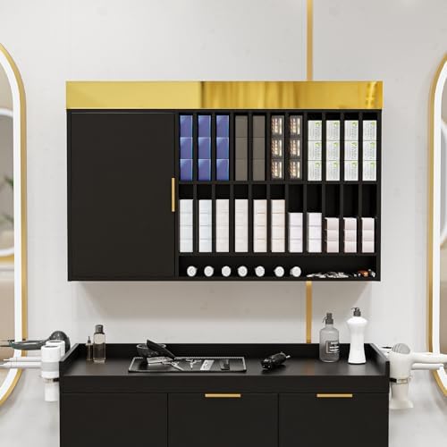 OmySalon Wall Mounted Salon Station, Cabinet with Hair Color Rack, Salon Color Rack Organizer with Adjustable Shelves, Barber Hair Dye Display for Hair Stylist, Black Gold - Image 2