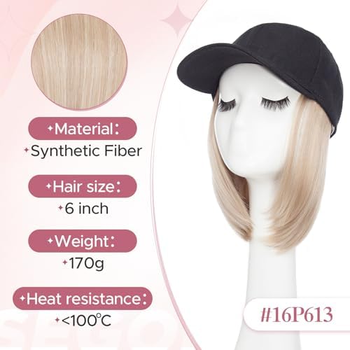 SEGO Baseball Cap with Hair Extensions for Women Heat Resistant Synthetic 6" Adjustable Short Straight Hairpiece Replacement Wigs in Black Hat for Girls 16P613 Ash Blonde Mix Bleach Blonde - Image 5