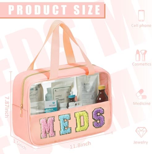 BuyCard Chenille Letter Bag Clear Meds Bag Preppy Makeup Bag Medicine Bags for Travel Zipper Pouch with Handle Nylon & PVC Waterproof Portable Cosmetic Bag Toiletry Organizer for Women Girls Pink - Image 2