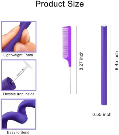 Flexible Curling Rods, 30Pcs Flexirods Long Flexible Heatless Twist Bendable Foam Hair Curls for Long Medium Short Hair, Combs - Rubber, Purple, Blue ( 9.45 x 0.55 inch ), 32 Count - Image 2