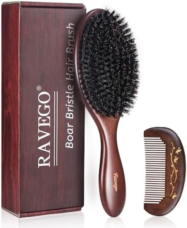 Hair Brush, Boar Bristle Hair Brush for Women Men Kids, Nature Bristles Hairbrush for Thin Fine All Hair Type, Restore Shine And Texture, Set Includes Cleaning Tool by RAVEGO
