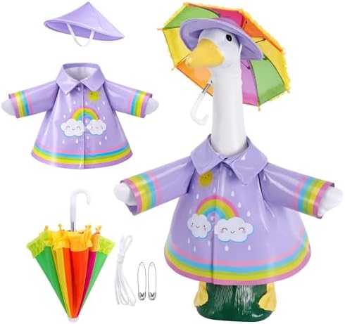 DECOHS 3 Pcs/Set Raincoat Porch Goose Outfits, Summer Lawn Goose Statue Raincoat Costume, Yard Goose Clothes Raincoats Umbrella Hat Outfit for 23" Statue Patio Garden Decoration (Purple Rainbow) by DECOHS