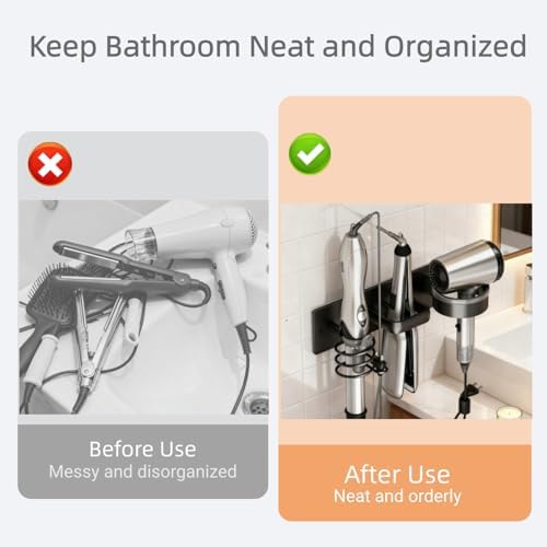 Hair Dryer Holder Wall Mounted Blow Dryer Holder Curling Iron Holder Straightener Holder 3 in 1 Bathroom Metal Hair Tool Organizer Rack（Black） - Image 5