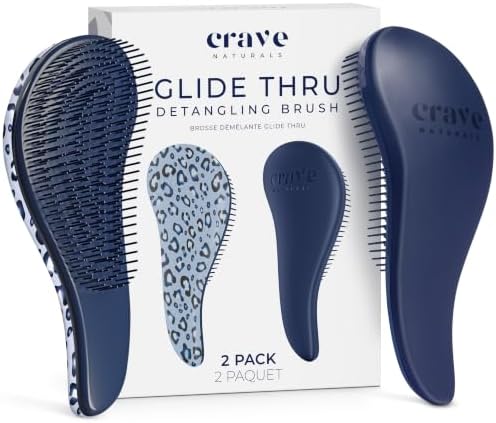 Crave Naturals Glide Thru Detangling Hair Brush for Adults and Kids - Detangler Hairbrush for Curly or Straight, Wet or Dry Hair - Gentle on Tangles Comb - Navy Blue and Blue Cheetah (Pack of 2) by CraveNaturalsDetanglingBrush