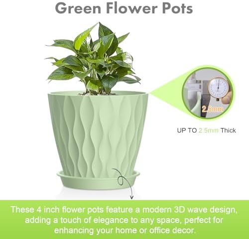 Meowell 4 inch Small Plastic Nursery Pots, 5 Pack Water Ripples Plant Pots for Indoor Plants, Flower Pots with Drainage Holes and Saucers, Seeding Starter Planters for Decorative, Green - Image 3