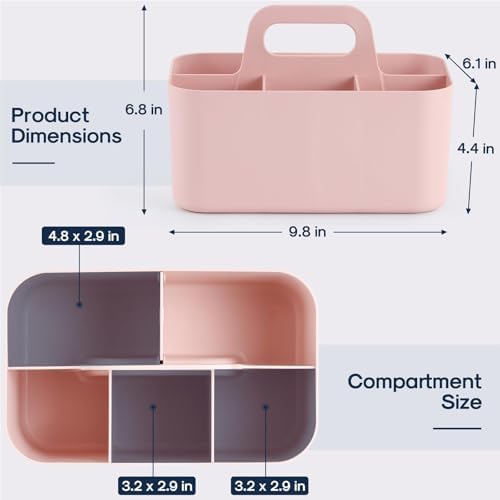 Multiuse Caddy Organizer with Handle, Portable Divided Plastic Tote Bin - Art Craft, Stationary Pen Marker Crayons, Makeup Hair Supplies Storage - Bathroom, Classroom, Dorm, Office, Desk Holder - Pink - Image 5