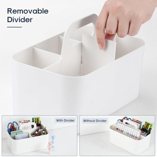 Multiuse Caddy Organizer with Handle, Portable Divided Plastic Tote Bin - Art Craft, Stationary Pen Marker Crayons, Makeup Hair Supplies Storage - Bathroom, Classroom, Dorm, Office, Desk Holder -White - Image 6