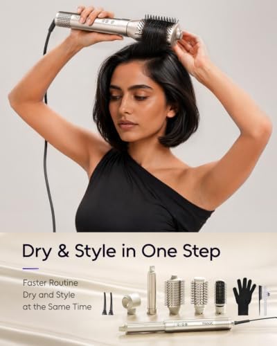 7MAGIC 6-in-1 Hair Dryer Brush, Hot Air Styler with Auto-Wrap Curlers Gold - Image 5