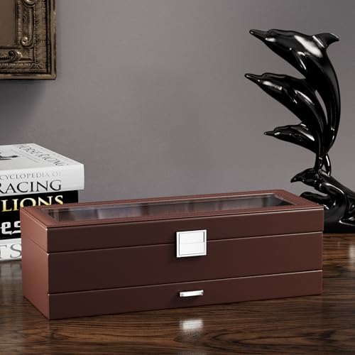 Lolalet Watch Case for Men, 6 Slot Watch Display Case with Clear Glass Lid, 2-Layer Mens Watch Box Watch Holder, 6 Watch Box Organizer, Watch Storage Case With Drawer -Espresso - Image 3