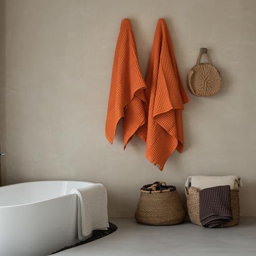 Luxury Organic Japanese Cotton Waffle Bath Towel | Thick, Absorbent, Quick Dry Bathroom Towels for Shower, Sauna, Onsen| Hotel & Spa Quality, Gift-Ready (Coral Orange, Bath Sheet (2 Pack)) - Image 4