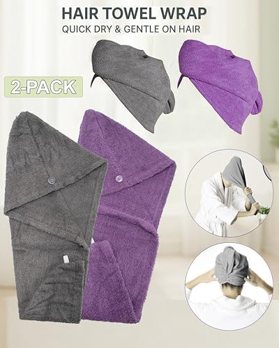 Textila 100% Cotton Hair Wrap Towels for Women (Pack of 2, Plum & Grey) – Soft & Absorbent Turban Towels for Long, Curly, Frizz-Prone Hair - Image 3