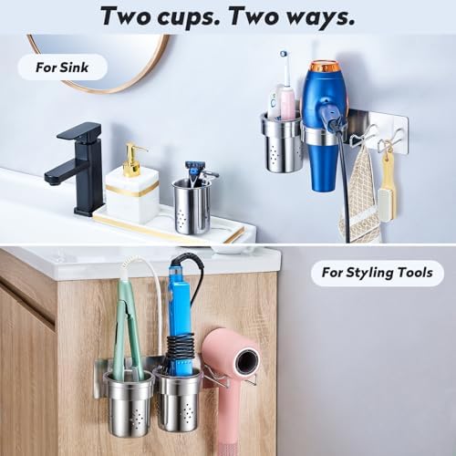 Hair Tools Organizer 5-in-1, Bathroom Hair Dryer Holder Wall Mount Adhesive, Hot Tools Holder Storage Metal with 2 Removable Cups, Blow Dryer Holder for Flat-Curling Iron, Brushes(Silver) - Image 3