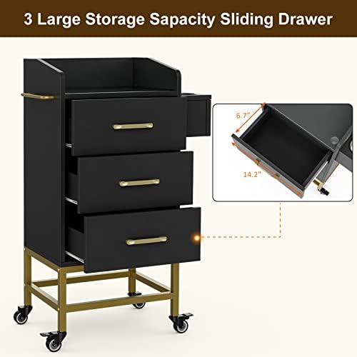 Paddie Beauty Salon Storage Trolley Cart, Glass Top Hair Salon Station Cabinet with Dryer Holder, Lockable Rolling Wheel, Drawer - Black - Image 4