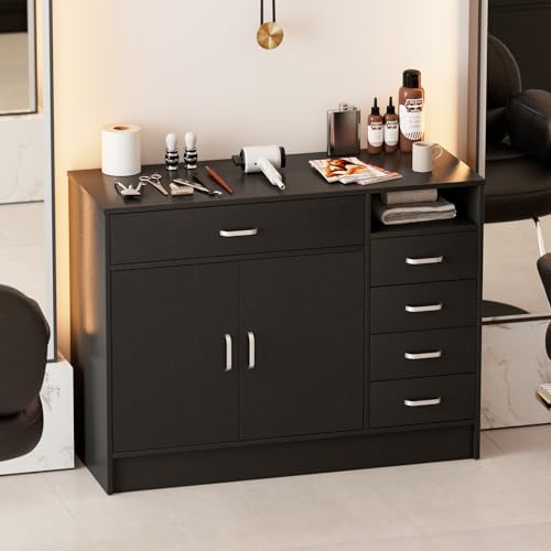 5-Drawers Salon Furniture Salon Storage Station, Free Standing Cabinet for Hair Stylist, Beauty Spa Furniture w/1 Large Capacity Cabinet & 1 Open Shelf, Spa Bathroom Equipment, Black - Image 3