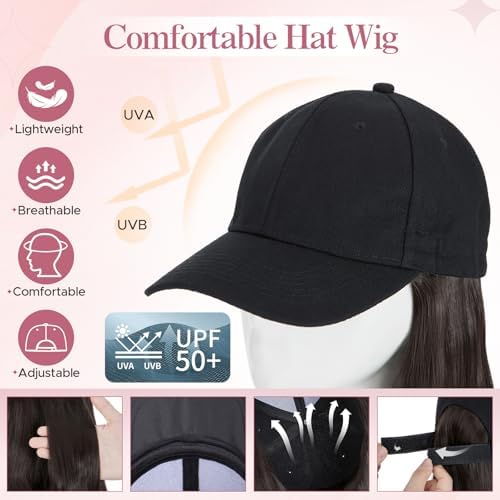 SEGO Baseball Cap with Hair Extensions for Women Heat Resistant Synthetic 16" Adjustable Long Wavy Hairpiece Replacement Wigs in Black Hat for Girls 4A Black Brown - Image 2