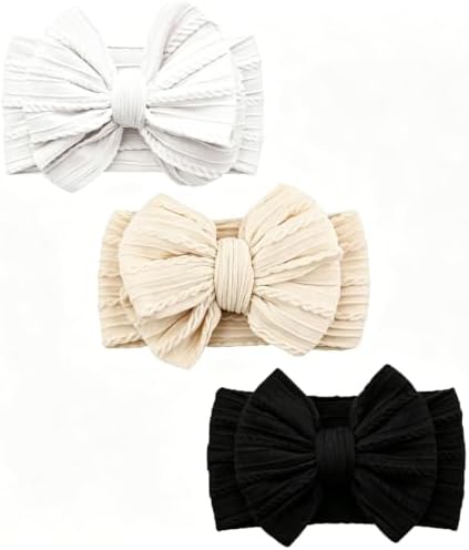 Baby Bows Headbands Soft Nylon Handmade Hair Accessories for Newborn Infant Toddler Kids (3 Mixed White, Large) by YWAOAIJD