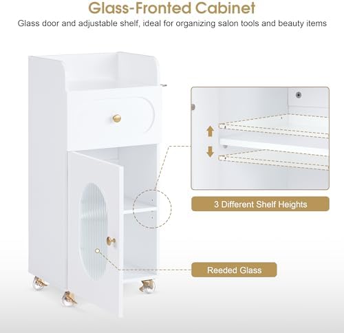 BarberPub Salon Trolley Cart, Oval Glass Door Gold Hardware White 2498 - Image 5