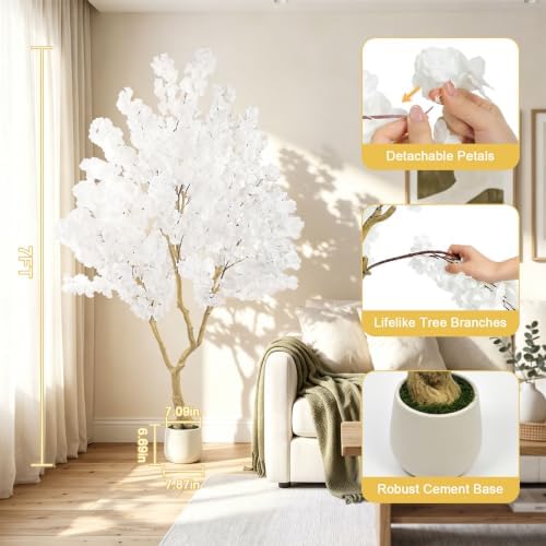 White Artificial Cherry Blossom Tree 7FT with Sturdy White Planter - Image 3