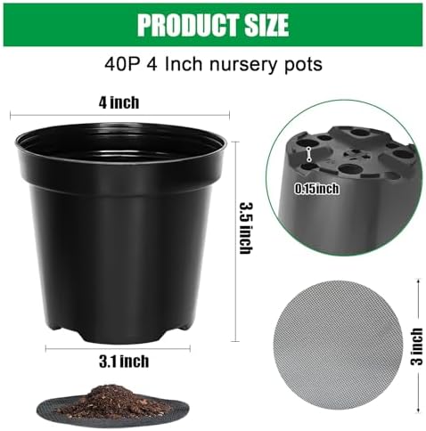 RooTrimmer 40 Pack 4 Inch Plant Nursery Pots with Mesh Pad, Sturdy Plastic Flower Planter Pots with Drainage Holes, Seed Starter Pots for Planting Seedings Cuttings Succulents Indoor Ourdoor, Black - Image 2