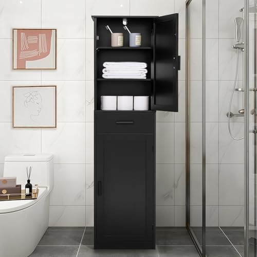 usikey 67'' Tall Storage Cabinet with 4 Shelves & 2 Doors, Bathroom Cabinet with 1 Drawer, Narrow Storage Cabinets for Bathroom, Living Room, Home Office, Black - Image 2