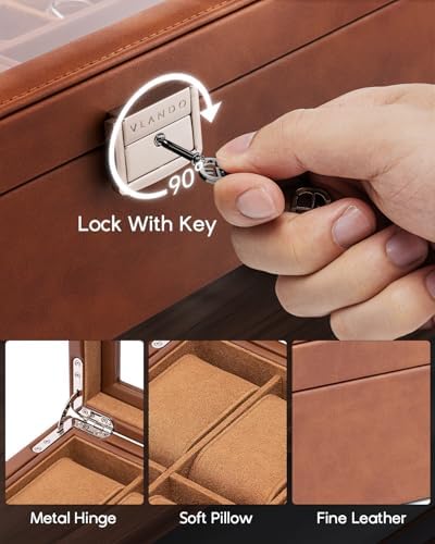 VLANDO Watch Box,Faux Leather Watch Case for Men,Rings Bracelet, Sunglasses, Watch Strap Storage Box Brown - Image 2