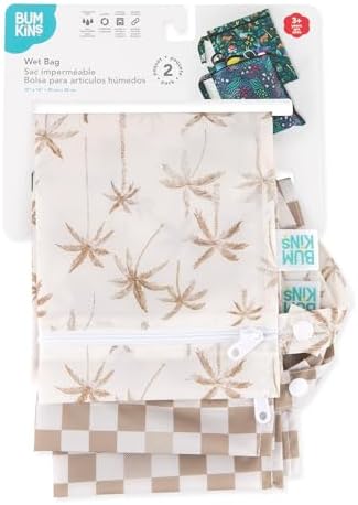 Bumkins Waterproof Wet Bag for Baby, Travel, Swim Suit, Cloth Diapers, Pump Parts, Pool, Beach, Gym Clothes, Toiletry, Hook to Stroller, Daycare, Zip Reusable Wetdry Pack, 2-pk Palm Trees, Beige Check - Image 6