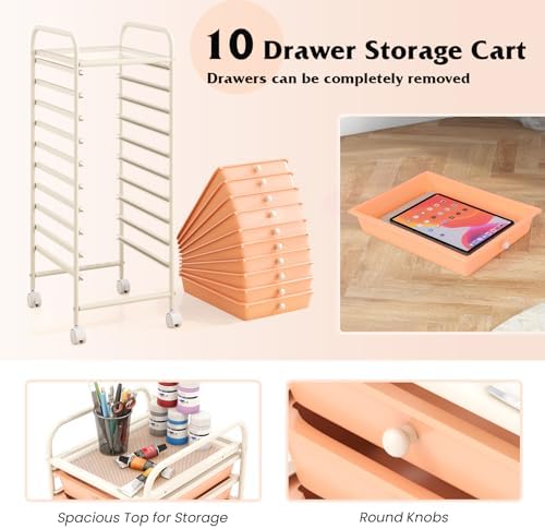 Giantex 10-Drawer Storage Cart w/Universal Wheel, Rolling Cart w/Handle, Home Organizer Storage Unit w/Removable Drawers, Trolley Utility Cart for Kitchen Makeup Living Room Office Play Room - Image 6