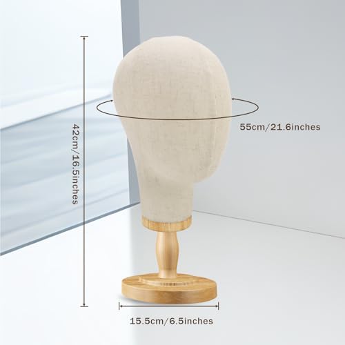 Wig Stand, 22inch Mannequin Head with Detachable Wood Base,Canvas Head Holder for Hair Styling Jewelry Glasses Headband Display, Wig Stand for Wigs,Hats, Caps, Headdress, Beige - Image 2