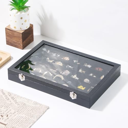Coward Ring Earring Jewelry Organizer Box, 35 Grids Dustproof Display Holder Case, Black Velvet Jewelry Bead Display Tray Case with Transparent Glass Lid for Momen Girls - Image 4