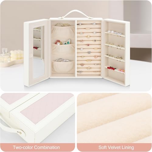 DesignSter Jewelry Box for Women, Jewelry Storage with Mirror, Travel Jewelry Organizer with Handle for Stud Earrings, Rings, Necklaces, Bracelets(Beige & Pink) - Image 4