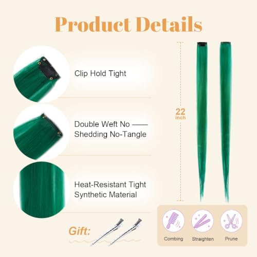 Green Colored Clip in Hair Extensions, Synthetic Hair for Girls - Image 4