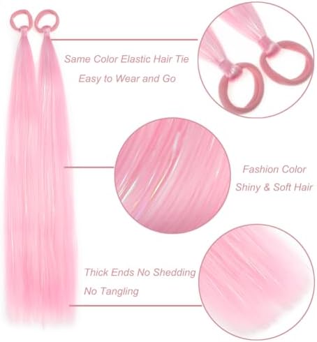 Pink Ponytail Extensions for Girls Women, Tinsel Hair Extension With Rubber Band Daily Party Festival Wacky Halloween Hair Accessories Ponytail Hair Pieces Tinsel Extensions for Women 2pcs/lot - Image 3