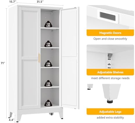 YAUWOH 71''Metal Cabinet with 4 Adjustable Shelves,5-Tier Pantry Storage Cabinet,Kitchen Pantry Cabinet for Living Room,Dining Room, (1PC,White) - Image 3