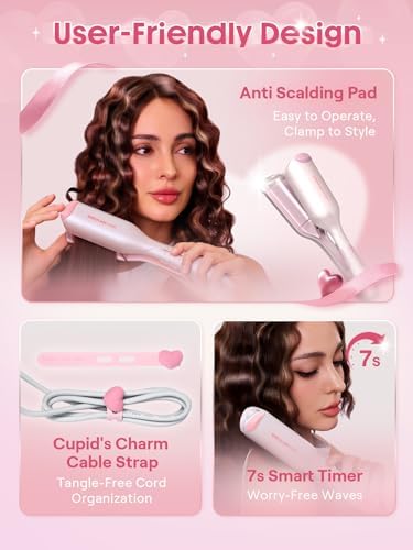 SHEGLAM Pink Beach Wave Hair Waver 0.75 inch - Lightweight Dual Voltage Crimper for Women, Smart Timer Double Barrel Tool with Adjustable Temps & Anti-Scald for Mermaid Waves on Short Hair - Image 6