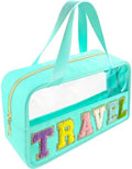 Bunliuys Chenille Letter Clear Makeup Bag Travel Patch, Travel Toiletry Makeup Bag with Handle, Nylon Waterproof Makeup Bags clear cosmetic bag, preppy patch makeup bag for Women (TRAVEL-Mint Green) by Bunliuys