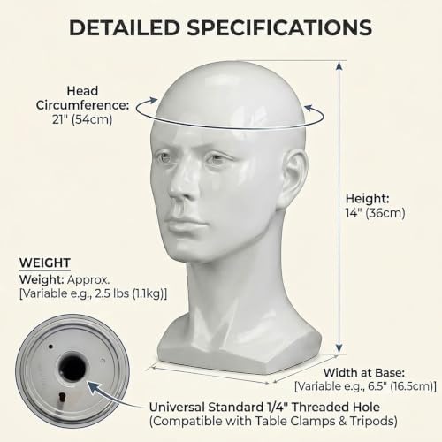 Male Mannequin Head for Display – Realistic PVC Head Model for Wigs, Hats, Headphones, Jewelry, Salon and Home Decoration,Whate - Image 4