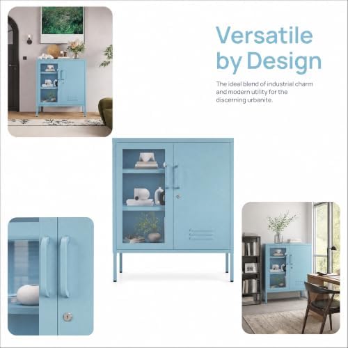 29.5" Wide Blue Metal Storage Cabinet with Lock and Ventilated Doors, 2 Adjustable Shelves, Heavy Duty Home Metal Accent Locker for Kitchen Office Living Room Hallway - Image 4
