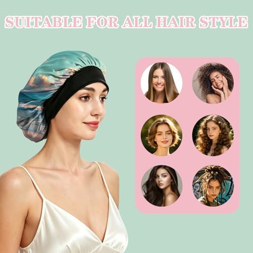 Satin Hair Braid Bonnet for Sleeping Double Layer Tie Band Elastic Wide Soft Silk Lined Nightcap Women Girls Cute - Image 4