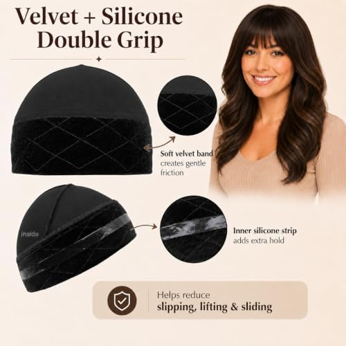 2 Pack Wig Grip Caps for Women Non Slip, 2-in-1 Modal Wig Cap with Velvet Grip Band & Silicone Grip, Hair-Friendly Short Hook Closure, Black Glueless Wig Cap for Lace Front Wigs, Fits 18.5-23 Inch - Image 4