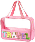 BuyCard Chenille Letter Patch Clear Travel Bags, Preppy PVC&Nylon Makeup Bag with Handle and Zipper, Waterproof Large Clear Travel Toiletry Bag Storage Bag for Women Girls(Pink) by BuyCard
