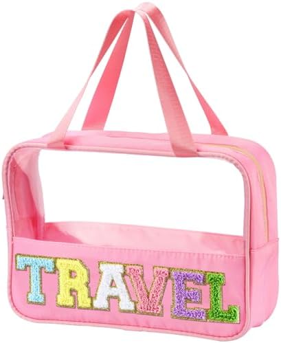 BuyCard Chenille Letter Patch Clear Travel Bags, Preppy PVC&Nylon Makeup Bag with Handle and Zipper, Waterproof Large Clear Travel Toiletry Bag Storage Bag for Women Girls(Pink) by BuyCard