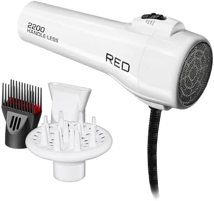 Red by Kiss Handle-Less Ceramic Tourmaline Hair Dryer, 1875W Ergonomic Grip, White, Includes 3 Attachments, For Detangling, Straightening, and Frizz-Free Shine by REDbyKISS