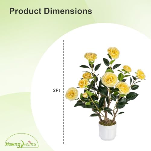 2 Pack Artificial Camellia Tree with White Pot, 24" Faux Potted Plants for Indoor Outdoor Decor, Tall Silk Greenery Plant for Home Office Living Room Balcony, Yellow - Image 3