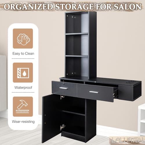 Salon Station Wall Mount Barber Station Salon Stations for Hair Stylist with Appliance Holders Hair Salon Station with Lockable Drawers Salon Cabinet with 3 Shelves for Beauty Spa (Black) - Image 3