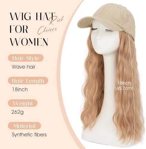 Rich Choices Hat Wigs for Women,Khaki Baseball Cap with Hair Extensions for Women,Caps with Wavy Curly Synthetic Long Hair Attached Adjustable Baseball Cap Wig 18 Inch Light Blonde Hair - Image 2