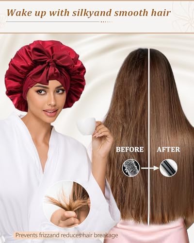 Satin Bonnet for Sleeping Women Silk Sleep Bonnet for Curly Hair Wrap with Elastic Tie Band Night Cap Wine Red - Image 5