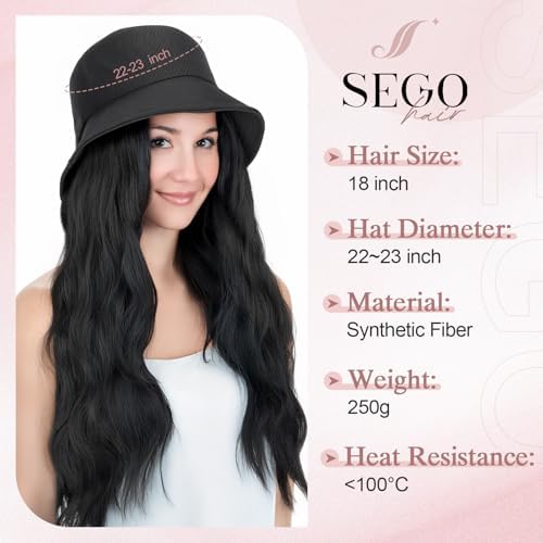 SEGO Cap with Hair Attached for Women Bucket Hat Wig Long Natural Wavy Hair Extensions With Hat Heat Resistant Synthetic Fiber Extensions 18 Inch 1B Natural Black - Image 3